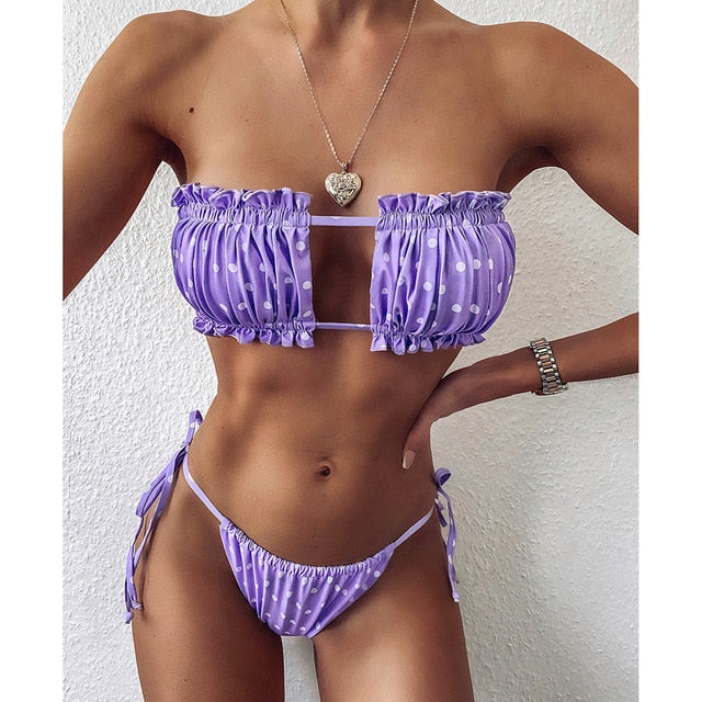 Sexy Bikini 2020 Pleated Bandeau Swimsuit Female Swimwear Women Mini Thong Bikini Set Bather Swimming Beachwear for Bathing Suit