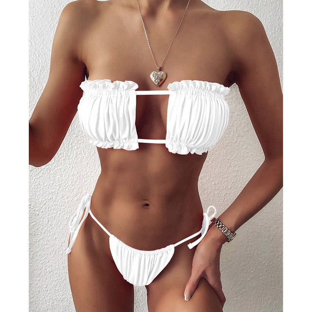 Sexy Bikini 2020 Pleated Bandeau Swimsuit Female Swimwear Women Mini Thong Bikini Set Bather Swimming Beachwear for Bathing Suit