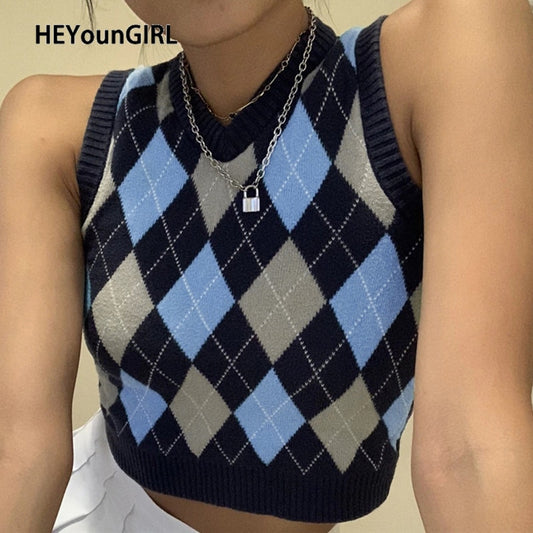 HEYounGIRL V Neck Vintage Argyle Sweater Vest Women Y2K Black Sleeveless Plaid Knitted Crop Sweaters Casual Autumn Preppy Style