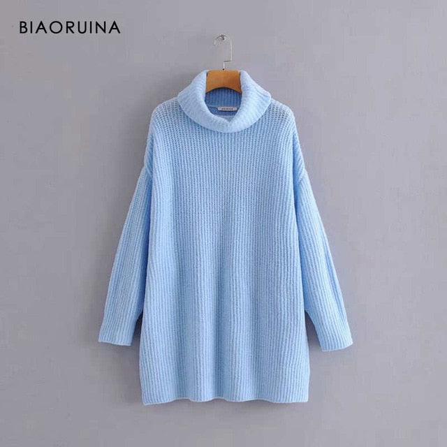 BIAORUINA Women Oversize Basic Knitted Turtleneck Sweater Female Solid Turtleneck Collar Pullovers Warm 2020 New Arrival