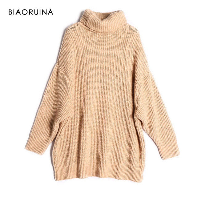 BIAORUINA Women Oversize Basic Knitted Turtleneck Sweater Female Solid Turtleneck Collar Pullovers Warm 2020 New Arrival