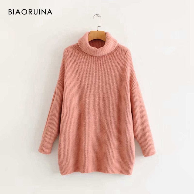 BIAORUINA Women Oversize Basic Knitted Turtleneck Sweater Female Solid Turtleneck Collar Pullovers Warm 2020 New Arrival