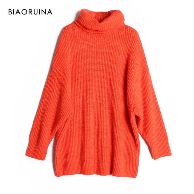 BIAORUINA Women Oversize Basic Knitted Turtleneck Sweater Female Solid Turtleneck Collar Pullovers Warm 2020 New Arrival