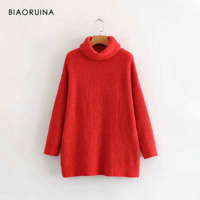 BIAORUINA Women Oversize Basic Knitted Turtleneck Sweater Female Solid Turtleneck Collar Pullovers Warm 2020 New Arrival