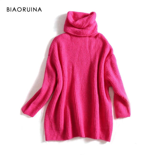 BIAORUINA Women Oversize Basic Knitted Turtleneck Sweater Female Solid Turtleneck Collar Pullovers Warm 2020 New Arrival