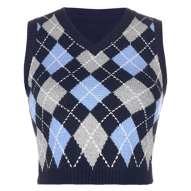 HEYounGIRL V Neck Vintage Argyle Sweater Vest Women Y2K Black Sleeveless Plaid Knitted Crop Sweaters Casual Autumn Preppy Style