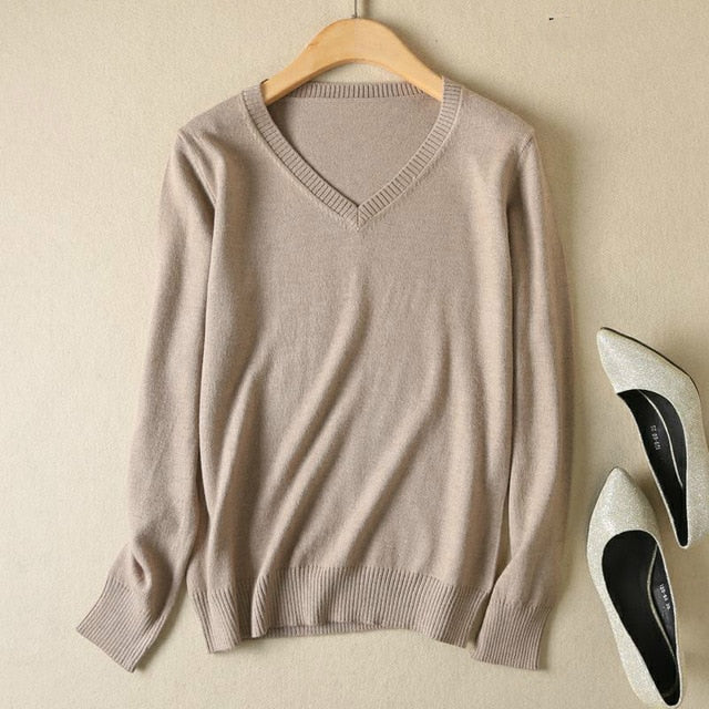 JVEII Women Sweater Knitted Female Long Sleeve V-neck Cashmere Sweater And Pullover Female Autumn Winter Slim Jumpers Casual