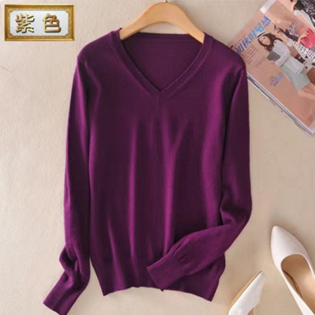 JVEII Women Sweater Knitted Female Long Sleeve V-neck Cashmere Sweater And Pullover Female Autumn Winter Slim Jumpers Casual