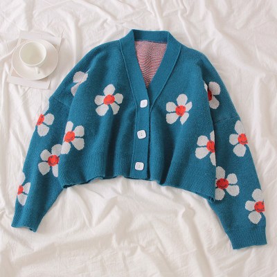 2020 Spring College Style Flower Print Knitted Doat Loose Retro V-neck Cute Light Green Sweater Cardigan Blouse Short Section